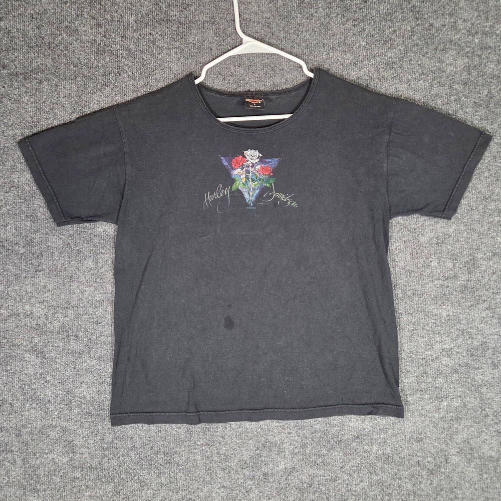 Vintage 1996 Harley Davidson Rose Graphic T Shirt Mens Large Black Biker 90s Tee - Picture 1 of 12